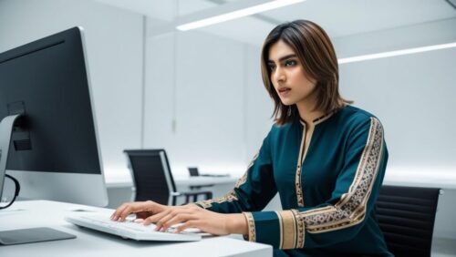 show picture of Pakistan female programmer, no hijab, working at computer show picture of Pakistan female programmer, no hijab, working at computer
